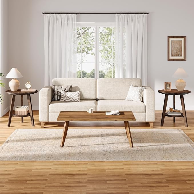 Solid Wood Round End Table, Sofa Side Table with Storage Shelf, Farmhouse Nightstand for Living Room, Bedroom, Easy Assembly (Dark Brown, 2 PCS)