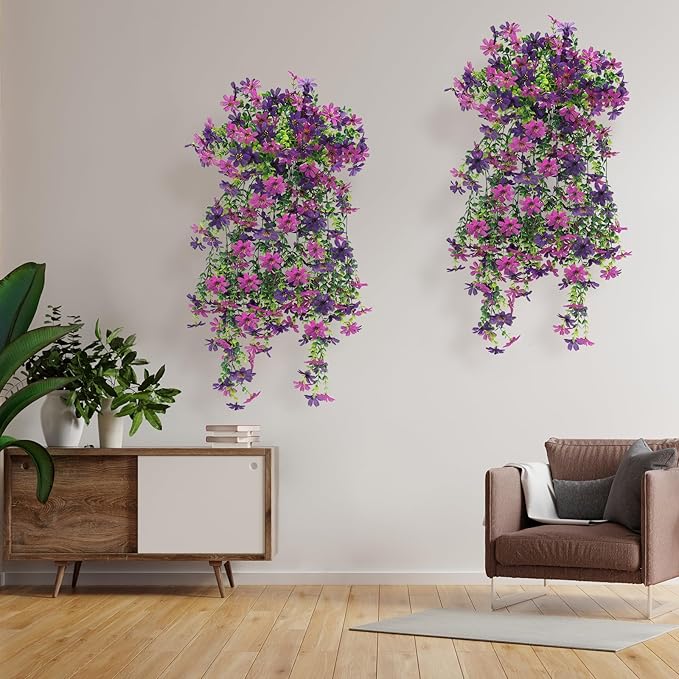 Geegoods Artificial Flowers for Outdoors Decoration, 4Pcs Faux Hanging Mums UV Resistant Realistic Silk Flowers for Outside Patio Porch Garden Yard Balcony Fall Decor