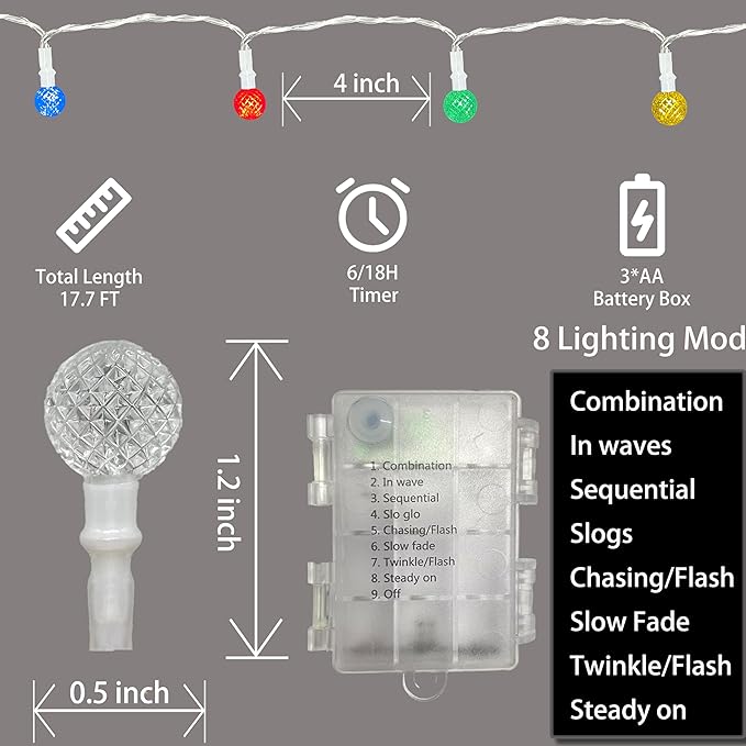 Anycosy Christmas String Lights G3, 50 LEDs Globe Waterproof Battery Operated Strings Lights Multicolor 8 Modes & Timer for Xmas Tree Garden Patio Indoor Outdoor Christmas Decorations