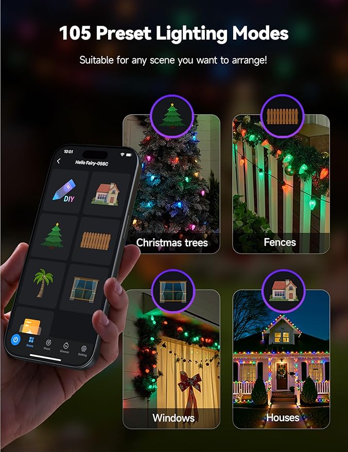 Minetom Smart C9 Christmas Lights Outdoor, 50 LED 65FT Christmas Color Changing Fairy Lights App Control, Music Sync, 105 Preset Modes, Connectable RGB C9 String Lights for House Indoor Xmas Decor
