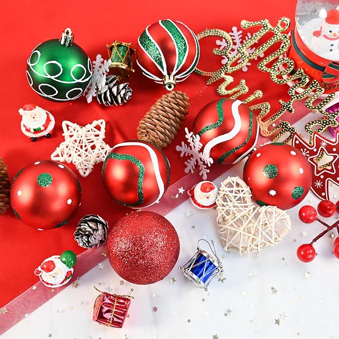30PCS Christmas Ball Ornaments, 2.36" Red Green Christmas Balls Ornaments for Tree, Shatterproof Xmas Tree Decoration, Painting & Glittering Hanging Ball Baubles