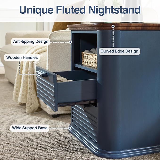 Okvnbjk 22" Fluted Nightstand Set of 2 with Charging Station, Modern End Table with 2 Drawers & Open Storage, Bedside Table for Living Room, Bedroom, Side Tables Curved Profile Design, Navy Blue