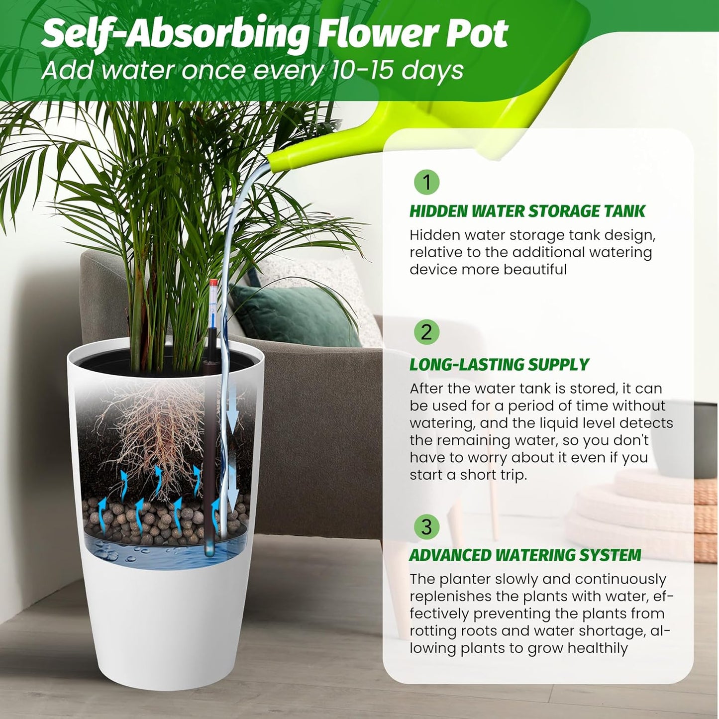 22" Tall Round Planter Set of 2, Self Watering Pots for Indoor Plants, Large Flower Pot Outdoor with Built-in Drainage and a Water Level Monitor, for Patio, Porch, Living Room, or Home Office, White