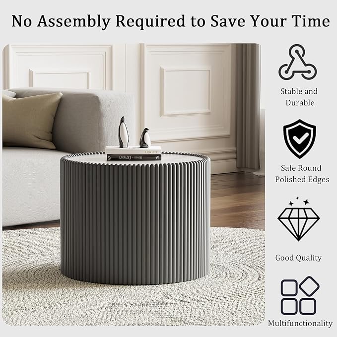 Round Living Room Table Set, 29.52" White Drum Center Table and 17.71" Grey Coffee Table Set, 2 Pieces Coffee Table Set with Sintered Stone Tabletop, Fluted PU Leather Covered and StableBase