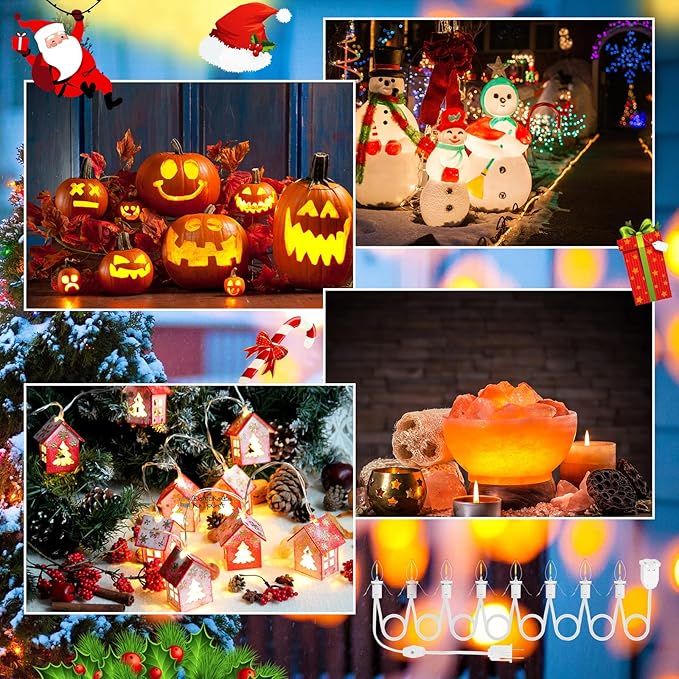 1Pack Accessory Cord with 8LED Light Bulbs and Outlet Christmas Village Light 14.7FT White Cord with Spare Fuse Warm White C7 Lamp Christmas Village Accessories for Village Houses Craft Decoration