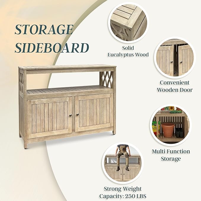 DTY Outdoor Living Longs Peak Eucalyptus Wood Sideboard Table, Outdoor Buffet Cabinet with Storage, Biscotti Weather-Resistant Finish