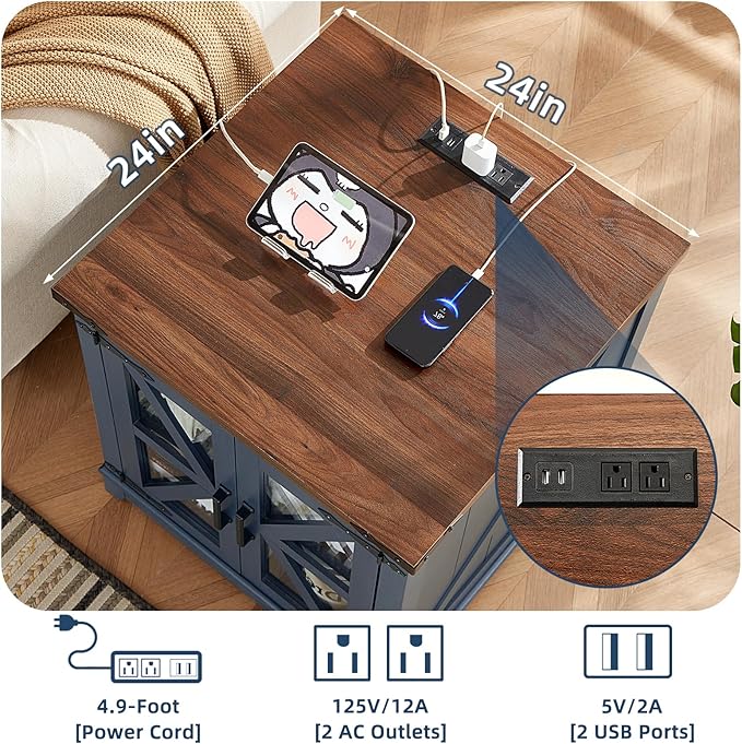 Farmhouse End Table Set of 2,24" Large Sofa Side Table with Charging Station Glass Barn Door,Wood Nightstand with Adjustable Storage Shelf,Square Bedside Table for Living Room,Bedroom,Office-Blue