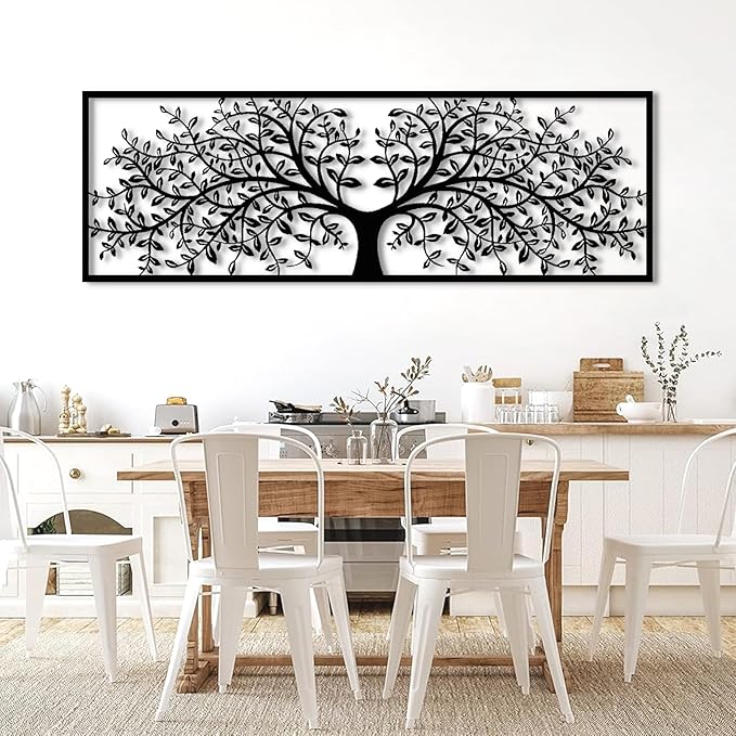 Tree of Life Metal Wall Decor, Tree of Life Metal Wall Art, Large Metal Tree Wall Decor, Metal Tree Wall Art, Metal Tree Decoration, Tree Silhouette, Living Room Bedroom Decor (Black, 64"x 22"| 165x56cm)