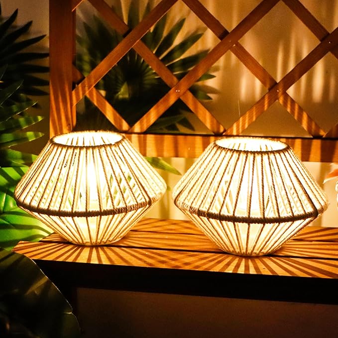 TRIROCKS Woven Cotton Rope Table Lamp Set of 2, 5" Cordless Battery Operated Desk Lamp, Boho Wireless LED Lamps for Indoor/Outdoor Bedroom Living Room Weddings Parties Patio Events