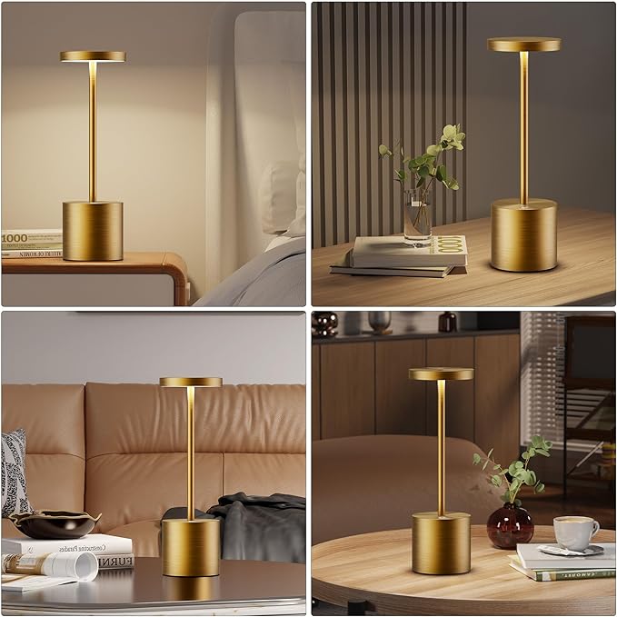 Cordless Table Lamps Rechargeable - Outdoor Waterproof LED Table Light Portable 5000mAh Battery Operated Lamp 3 Color Stepless Dimming with Memory Function for Restaurant Dining Patio Gold