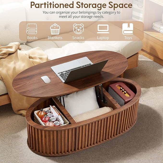 Oval Lift Top Coffee Table, 43.3'' Fluted Coffee Table with Hidden Storage Compartment, Mid Century Modern Dining Table Wooden Center Table for Living Room, Office, Small Spaces (Walnut)