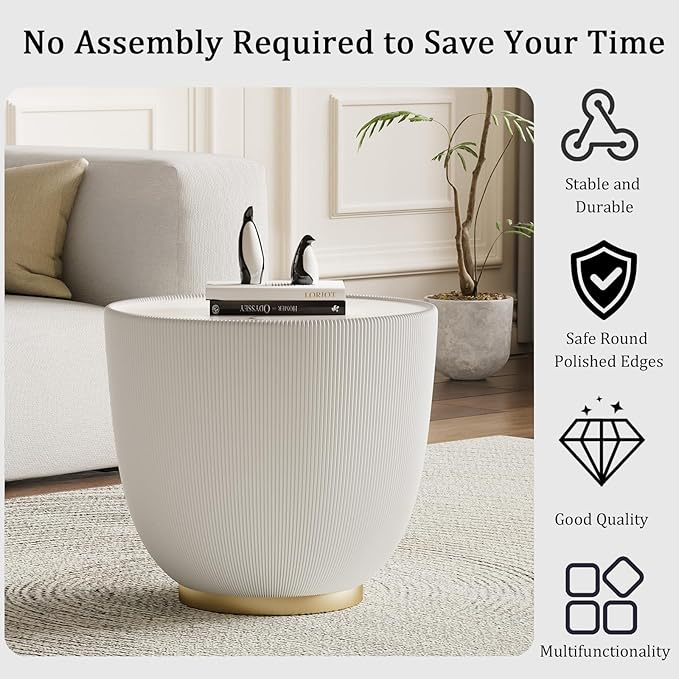 Round Living Room Table Set, 27.56" Black Drum Center Table and 19.69" White Coffee Table Set, 2 Pieces Coffee Table Set with Sintered Stone Tabletop, Fluted PU Leather Covered and Metal Base