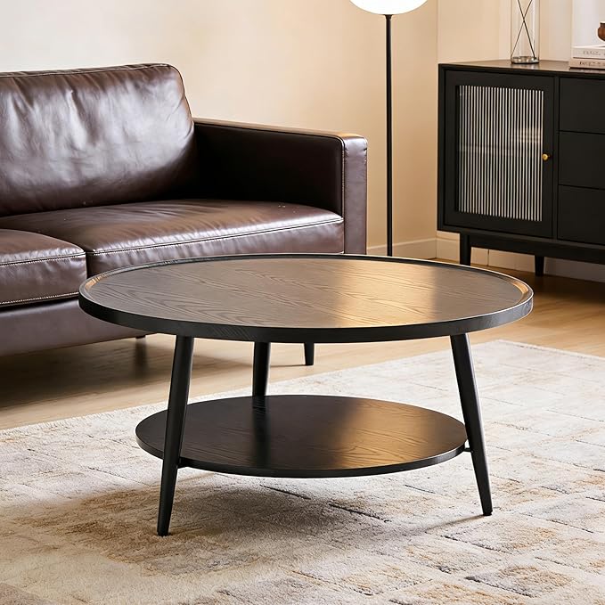 Saint Mossi Modern Coffee Table for Living Room, Mid-Century Round Wood Coffee Table, 2-Tier Center Table for Small Space, Black, W31xH15