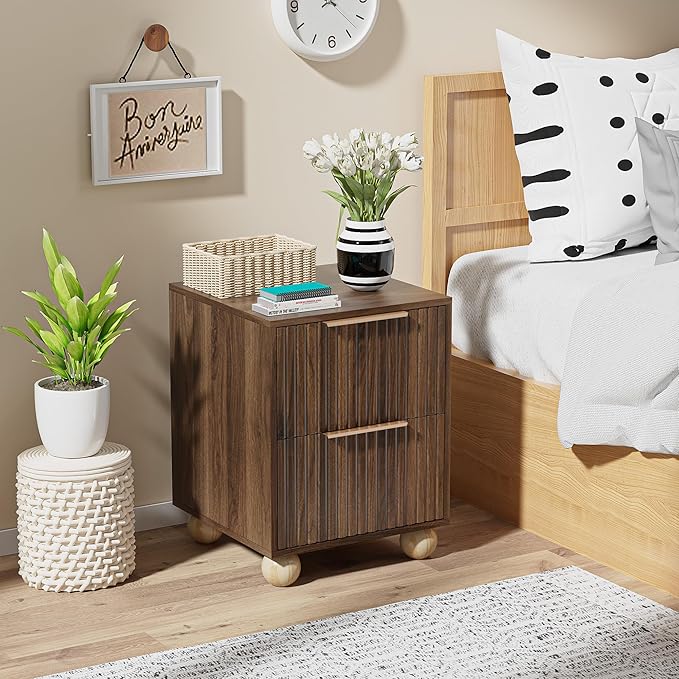 Fluted Nightstand Set of 2, Walnut Finish Bedside Table with Spacious Storage Drawers, Night Stand with Solid Wood Round Legs for Bedroom, End Table, Side Table