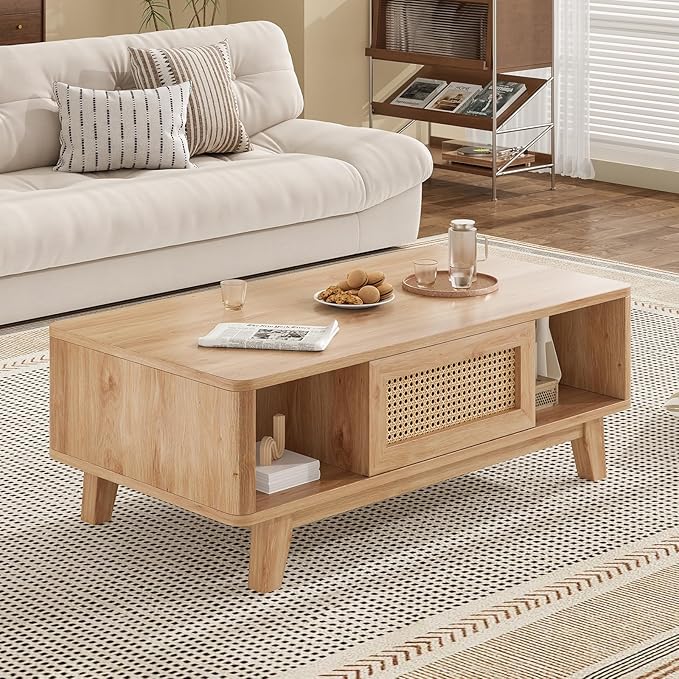 Soohow Coffee Table, Mid Century Living Room Tables with Storage, Modern Square with Rattan Drawer, Wooden Living Room Table with Solid Wood Leg