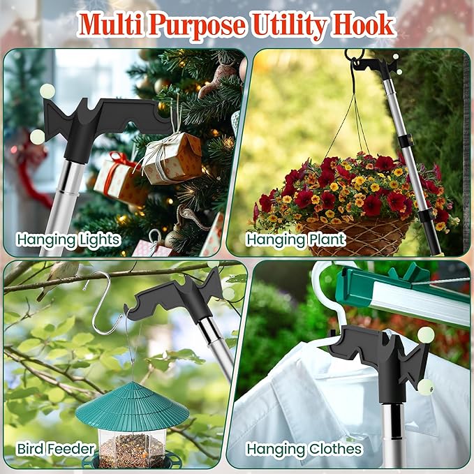 6-24 FT Christmas Light Telescopic Hanger Pole with Utility Hook, Stand Reach 30 Feet Long 3/4 inch Threaded Pole Reaching High Place for Hanging and Installation Lights String, Clothes and Birdfeeder