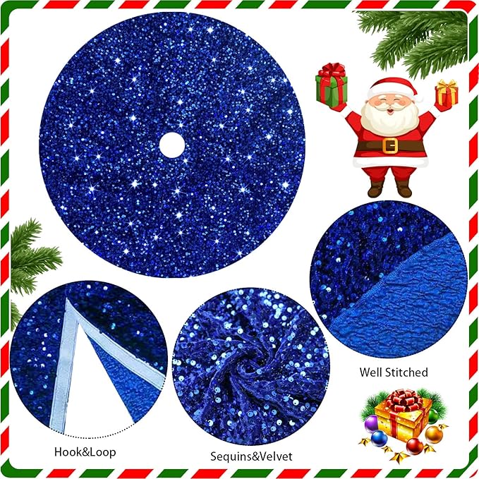 Royal Blue Christmas Tree Skirt 36 Inch Velour Sequin Christmas Tree Skirt Christmas Decorations for Thanksgiving Feast Sparkle Xmas Tree Skirts Round Sequin Christmas Tree Base Embroidered Tree Mat