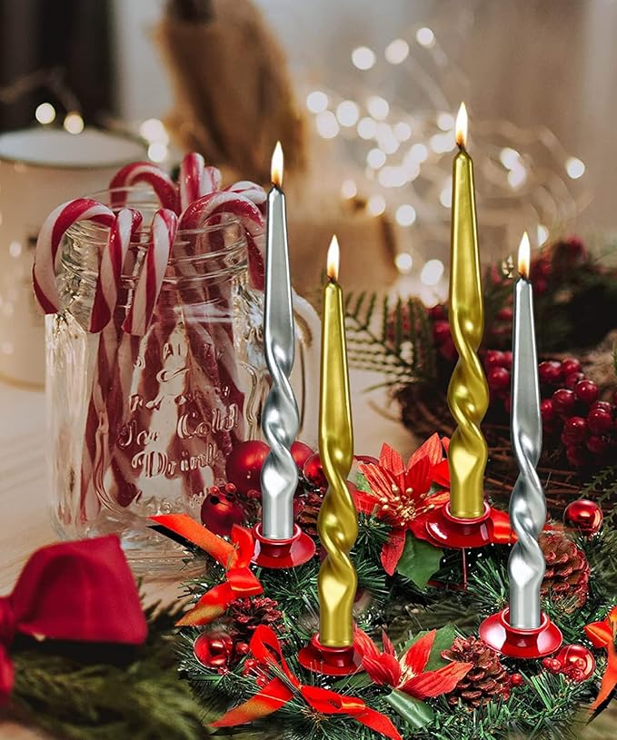 Spiral Taper Candles Twisted Candle Conical Stick Candles for Holiday Wedding Party Wax Unscented Dinner Candle Dripless,Christmas Gift H 10 Inch, 4pcs（Silver-A）