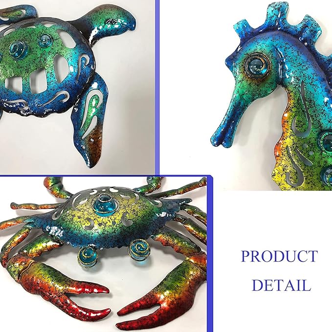 Weibefee Metal Sea Turtle Seahorse Crab Beach Themed Bathroom Wall Art Christmas Decor, Ocean Themed Wall Christmas Decorations Gift for Home Bathroom,10 Inch, Set of 3…