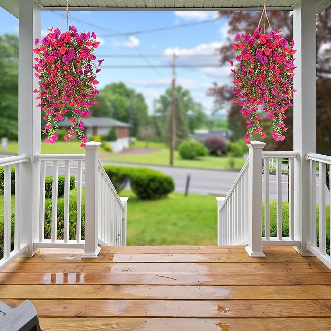 Artificial Fake Hanging Flowers Plants for Outdoor Outside Spring Summer Decoration 2PCS Faux Silk UV Resistant Realistic Morning Glory with Eucalyptus for Home Porch Patio Balcony(Magenta & Hot pink)
