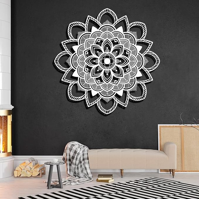 Mandala Wall Decor, Lotus Flower Wall Decor, Large Metal Mandala Wall Art, Lotus Metal, Yoga Wall Art, Spiritual Wall Decor, Meditation Wall Decor, Metal Wall Art for Living Room (Silver, 30"x30" | 76x76cm, metal wall art)