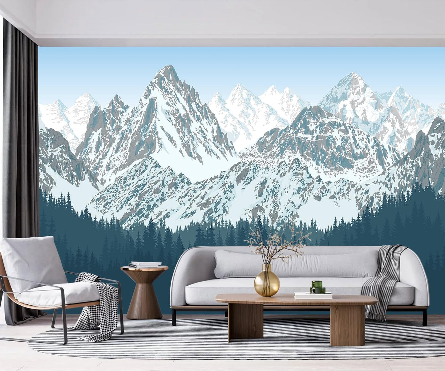 -Forest Snow Mountain Peaks Blue Sky Wallpaper Bedroom Living Room XT09 S 100" x 65"