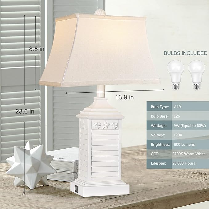 Hamucd Table Lamps for Living Room Set of 2, Coastal White Bedside Lamps for Bedroom with USB A+C Outlet Modern Resin 3-Color Temperature Nightstand Lamp for End Table (Bulbs Included)