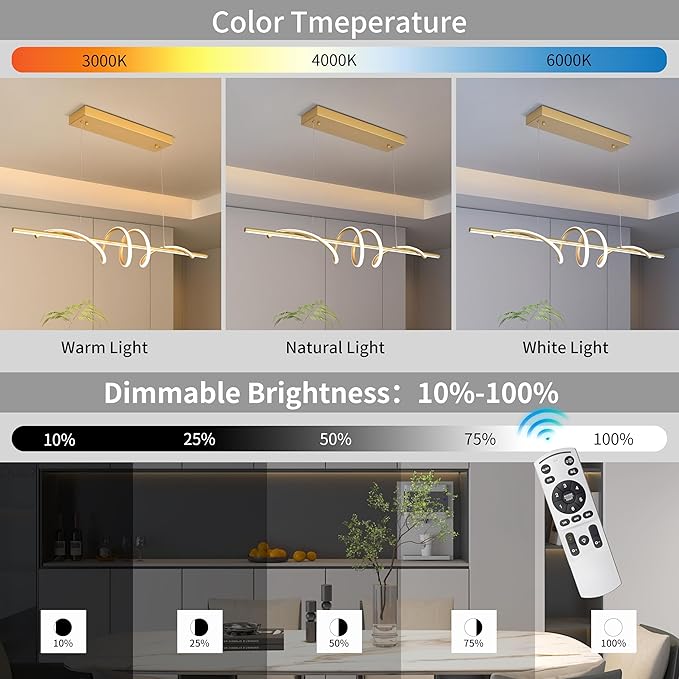 Modern LED Pendant Light, 39.37in Gold Chandelier Dimmable,3000K-6000K Adjustable Color Temperature, Aluminum Modern Kitchen Light Fixture for Dining Room