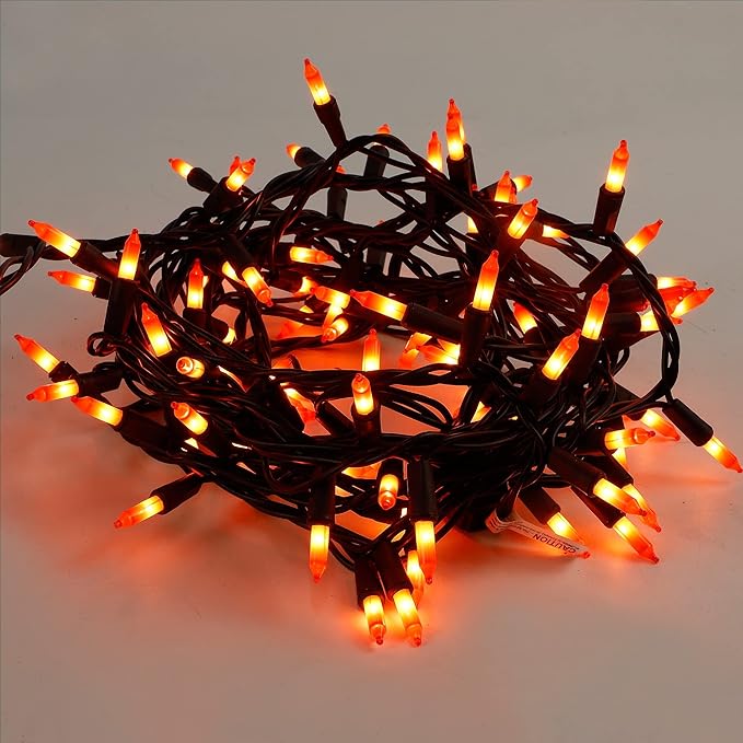 Halloween Lights, 33ft 150 Count Black Wire Incandescent Christmas Mini Lights, 120 V High-Voltage UL Certified Clear Light String Connectable, for Indoor Outdoor Patio Tree Party Home Decor, Orange