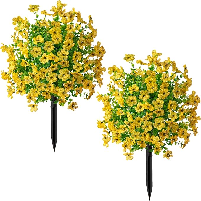2Pcs 21" Artificial Boxwood Topiary Ball with Flowers Plants with Ground Spikes for Outdoor UV Resistant Realistic Fake Bushes Plants for Garden Yard Front Porch Patio Decor (Violet Yellow)