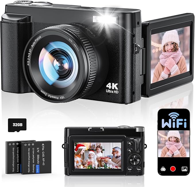 4K Digital Camera for Photography, WiFi Autofocus 64MP Vlogging Camera for YouTube, 180° 3" Flip Screen 30FPS Video Cameras with Flash Anti-Shake 16X Zoom 32GB Card, Compact Travel Digital Camera