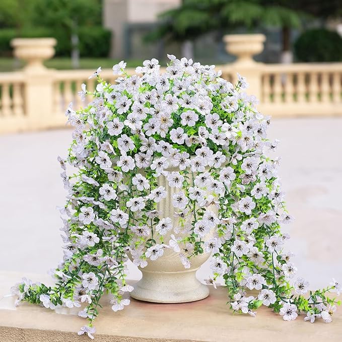 EROCK Artificial Flowers for Outdoors, 4PCS Fake Silk Hanging Flowers for Decoration UV & Fading Resistant, Realistic Faux Plants & Flowers for Porch Patio Balcony Window Box Home Decor (White)