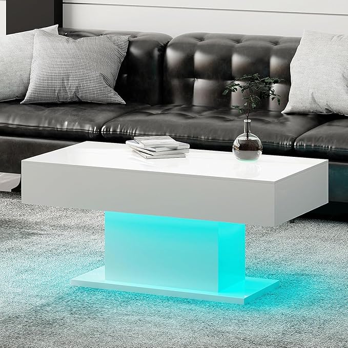 Led Coffee Table for Living Room, Living Room Table Rectangular Center Table, Modern High Glossy Wooden Coffee Tables with 16 Colors LED Lights for Dining Reception Room, White