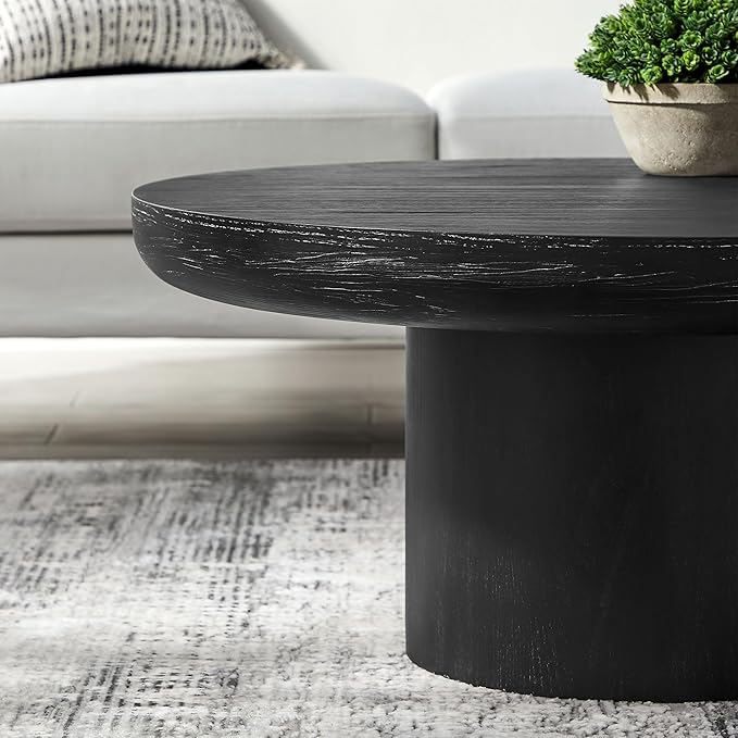 36" Round Coffee Table with Cylindrical Leg,Modern Wood Coffee Table with MDF and Veneer Finish, Retro Style Center Table for Living Room and Office (Black)