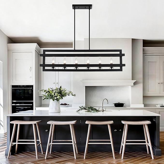 Black Chandeliers Rectangle Pendant Lights Kitchen Island Farmhouse Dining Room Light Fixtures 6-Lights Modern Chandelier for Living Room Kitchen