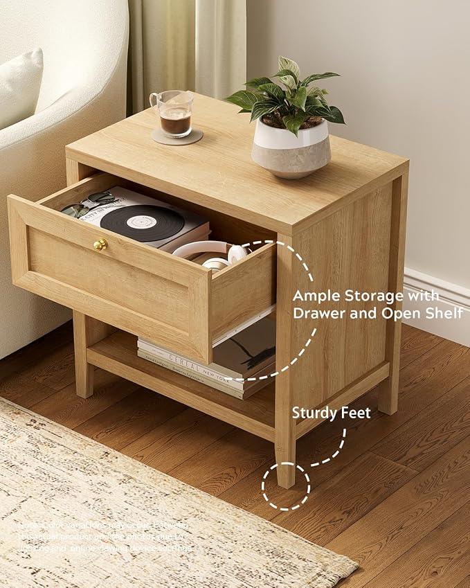 Nightstand with Storage Drawer, Farmhouse Large Bedside End Table with Open Shelf, Modern Wood Night Stand for Sofa, Bedroom, Natural Oak