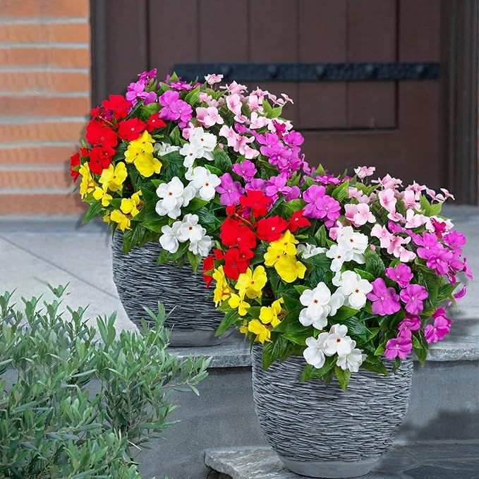 5PCS Artificial Impatiens Bouquet Flowers for Outdoors Silk Faux Flowers Fake Planters UV Resistant Summer Indoor Decor Garden Porch Patio Window Balcony (Mix Pink Red Purple Yellow White)