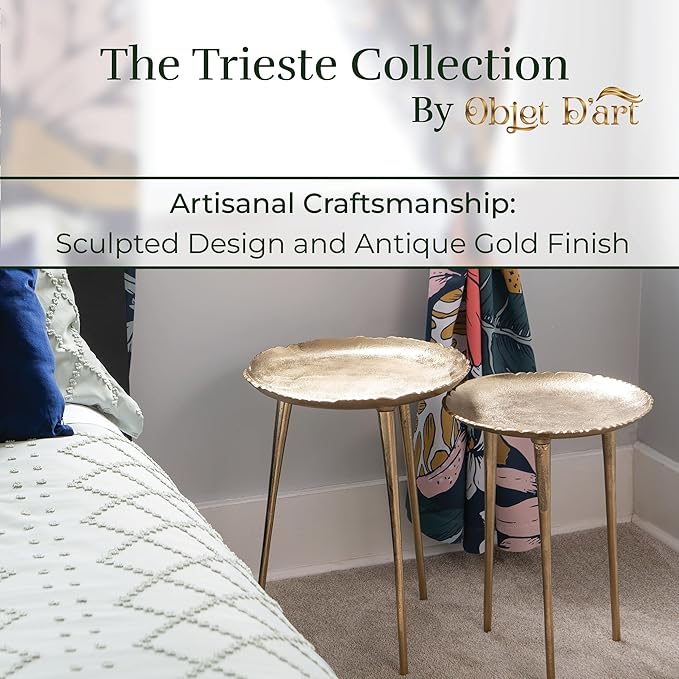 OBJET D'ART Small Round Gold End Table Set, Trieste Accent, Side, Pedestal, Cocktail and Drink Tables for Living Room and Small Spaces, Décor Set of 2, 21” and 18.5” Height