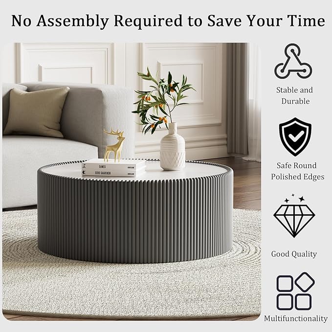 29.52" Grey Round Coffee Table, Drum Coffee Table with Sintered Stone Tabletop and Fluted PU Leather Covered and Stable Base, Circle Cocktail Tea Table for Living Room