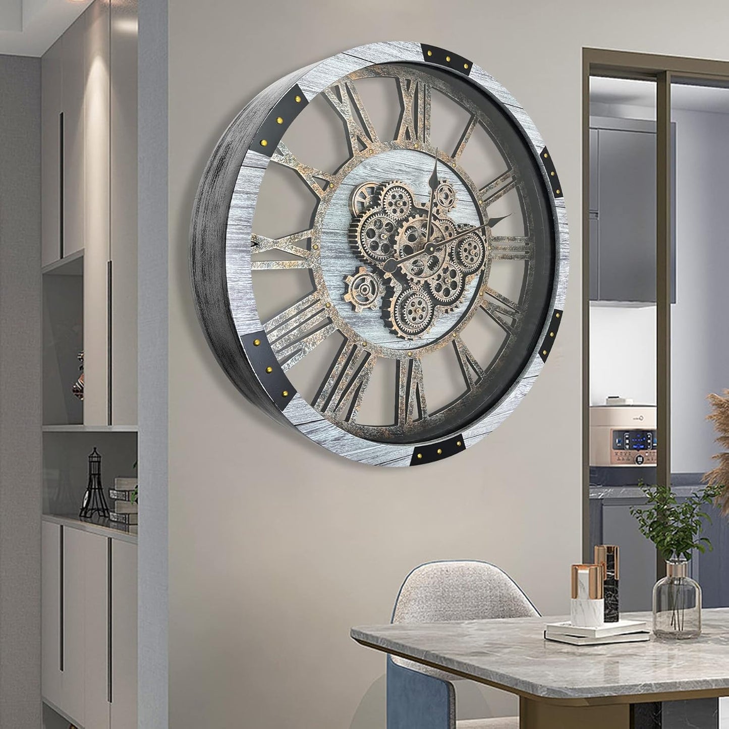 DORBOKER 40" Original Moving Gears Wall Clock, Large Industrial Wall Clock for Living Room Decor,Oversized Wood Vintage Farmhouse Steampunk Rustic Clocks for Wall Decor,Silver Grey
