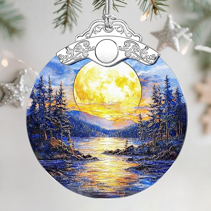 Christmas Ornaments: Stained Glass Ornament, Christmas Tree Ornament, Hanging Ornaments for Home Decor, Xmas Tree Decorations, Holiday Decor, Gift, Holiday Present - Full Moon Over Forest Lake