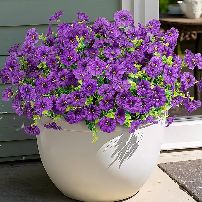 Artificial Flowers for Outdoor Decoration, 10 Bundles Fake Plastic Flower Plant, Faux Colorful Silk Morning Glory Eucalyptus for Outside Spring Summer Garden Porch Front Door Decor, Dark Purple