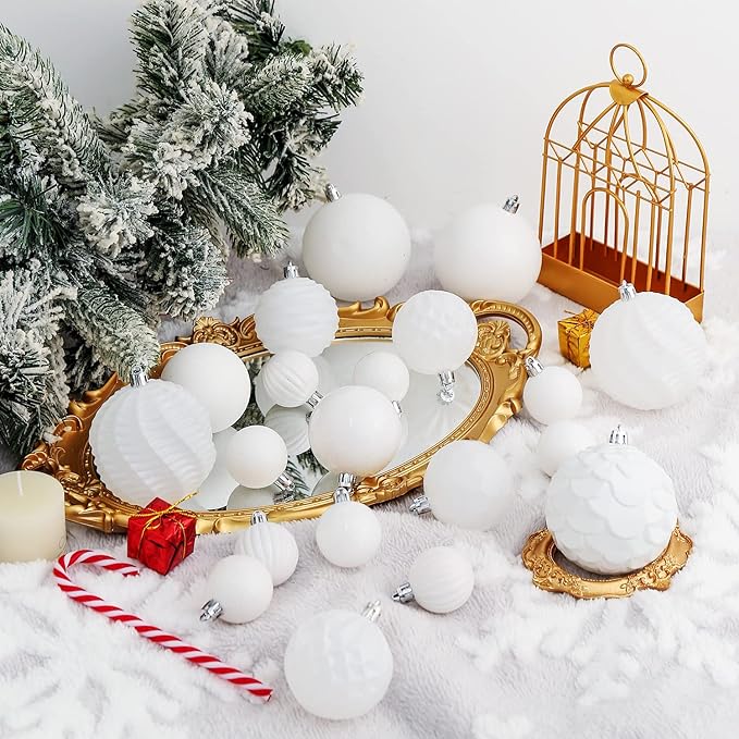 XmasExp 24ct Christmas Ball Ornaments Shatterproof Christmas Ornaments Set Decorations for Xmas Tree Balls Halloween Decorations (1.57''/40mm, White)