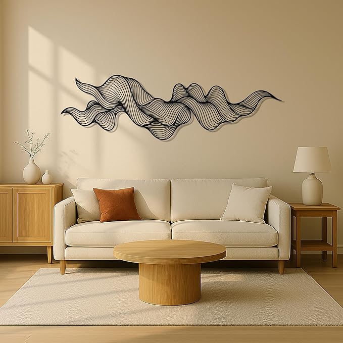 pluviart Abstract Metal Wall Art – Modern Black Wave Line Sculpture, Large 3D Wall Decor for Living Room, Bedroom, Office, Contemporary Home Decoration (40"x12")