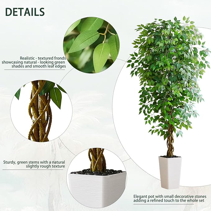 Artificial Ficus Tree 7FT Faux Floor Tree with Planter UV Resistant Potted Fake Silk Plant, Real Wood Trunk-Indoor Outdoor Lifelike Fake Ficus Tree for Home, Living Room Bedroom Topiary Tree