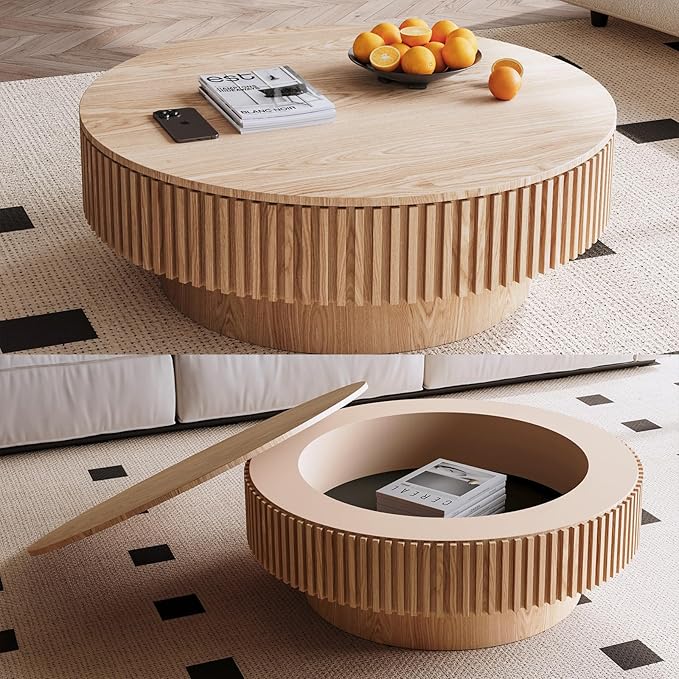 39" Round Coffee Table with Hidden Storage Compartment, Modern Handcraft Fluted Drum Coffee Table, Wooden Circle Center Table Cocktail Tea Table with Sturdy Pedestal for Living Room, Natural