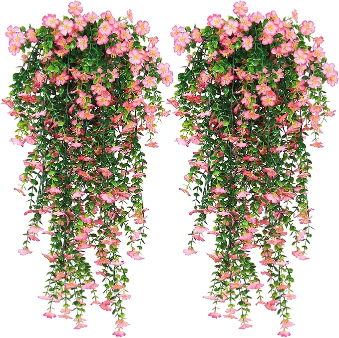 RECUTMS Artificial Hanging Flowers Plants for Outdoors, 4Pcs Fake Hanging Plants Flowers with Eucalyptus Leaves UV Resistant Fake Flower Look Real for Home Garden Porch Patio Door (Pink)