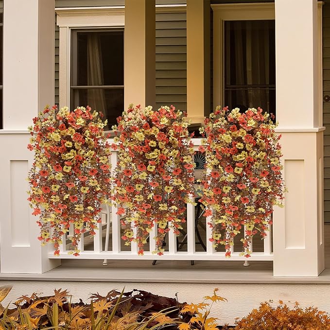 Geegoods Artificial Mum Flowers for Outdoors, 4Pcs Hanging Flowers Plants UV Resistant Realistic Silk Flowers for Outside Patio Porch Garden Yard Balcony Fall Decor