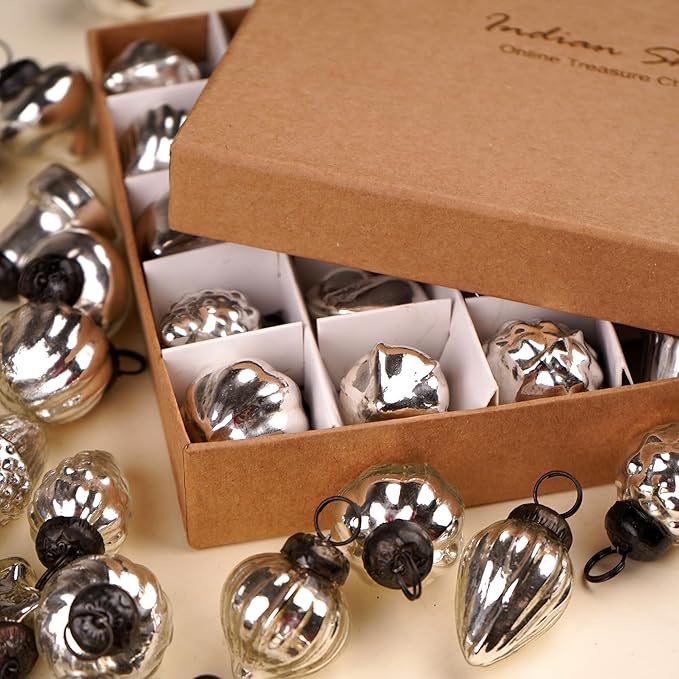IndianShelf 300 Pieces Silver Glass Vintage Christmas Ornaments Mini Bulk Decorative Ornaments for Halloween, Christmas Tree, New Year, Valentine Day, Holidays, Event and Wedding (25 * 12 Boxes)
