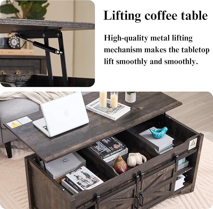 Lift Top Coffee Table with Sliding Barn Door 47.64" W Rustic Storage Coffee Tables, Wood Rectangle Center Table with Hidden Storage Compartment for Home, Office, Black